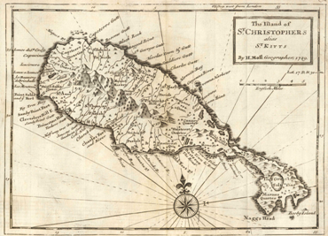 Pictured is a simply fabulous 1729 antique map of the island of St. Kitts (also known as St. Christopher's Island) drawn by Herman Moll, Geographer.  St. Kitts and Nevis, together with Anguilla, became an associated state in 1967.  Anguilla obtained Independence in 1971.  St. Kitts and Nevis (two of the earliest colonized islands in the Caribbean) together obtained Independence from the UK in 1983. 